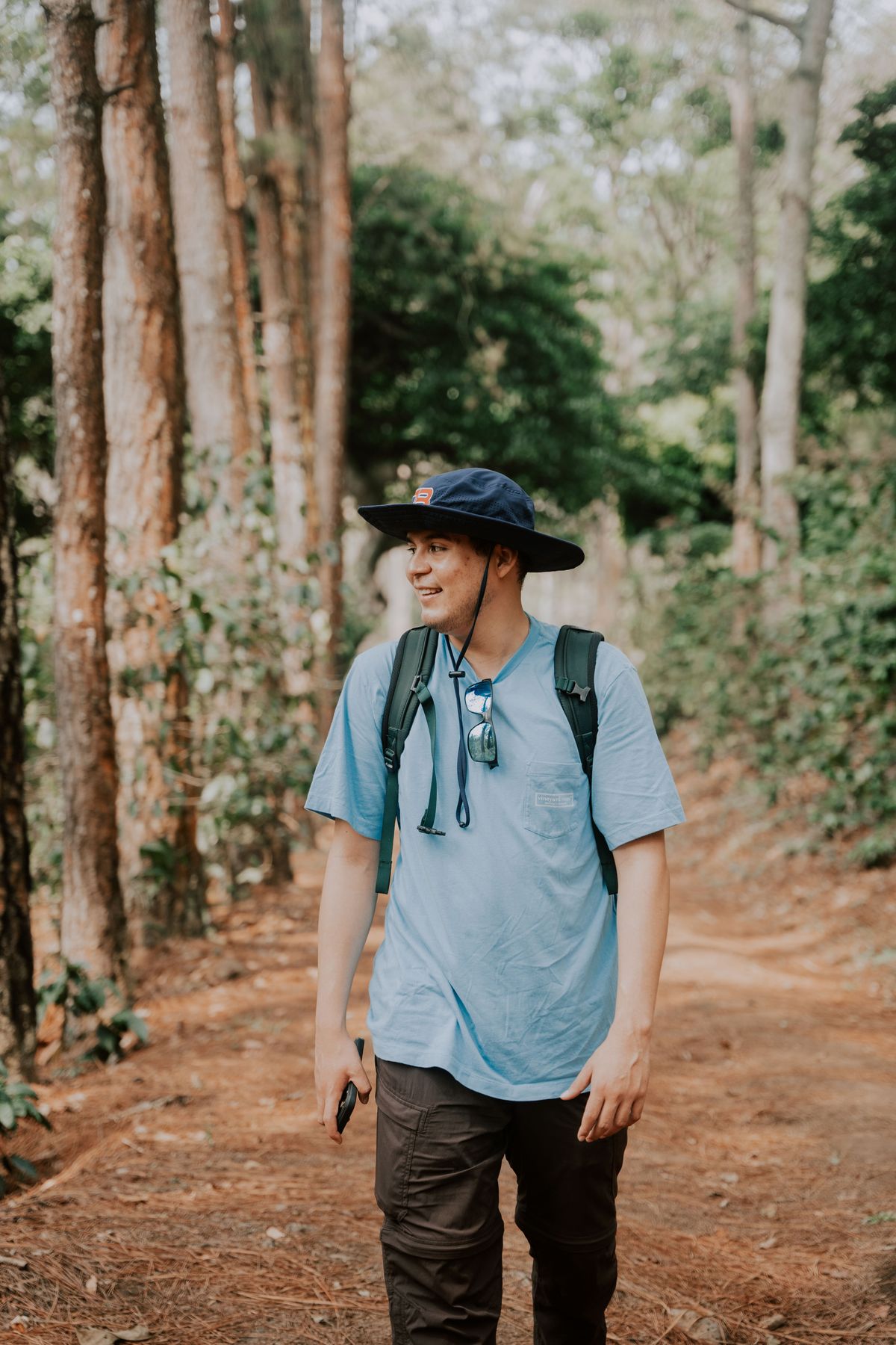 A man enjoying a walk through a sunlit forest